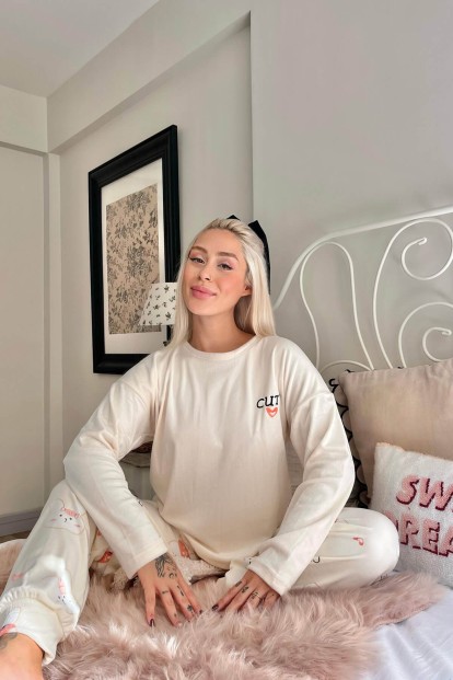 Sarı Cute Desenli Exclusive Kadife Kadın Pijama Takımı  - 4