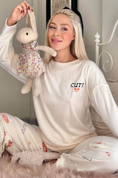 Sarı Cute Desenli Exclusive Kadife Kadın Pijama Takımı  - 6
