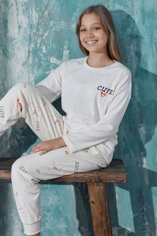 Sarı Cute Heart Desenli Exclusive Kadife Kız Çocuk Pijama Takımı  - Pijamaevi