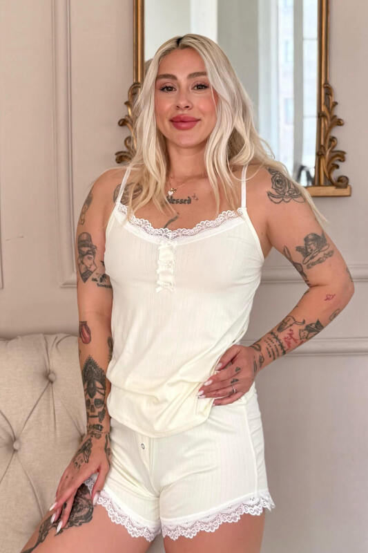 Sarı Dublin Ip Askı Şortlu Kadın Pijama Takımı - Pijamaevi