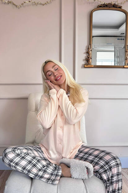 Sarı Ekose Desenli Termal Önden Düğmeli Kadın Pijama Takımı - 3