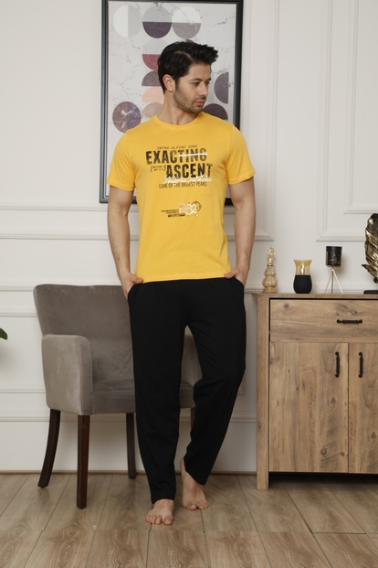 Sarı Exacting Baskılı Kısa Kollu Erkek Pijama Takımı - 1