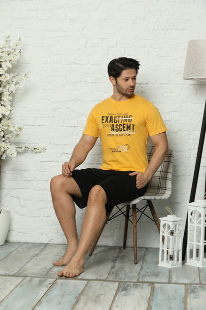 Sarı Exacting Baskılı Şortlu Kısa Kollu Erkek Pijama Takımı - 1