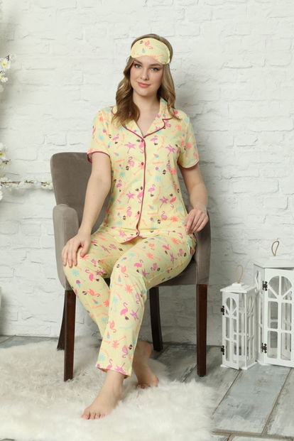 Sarı Flamingo Önden Düğmeli Kısa Kollu Pijama Takımı - 1