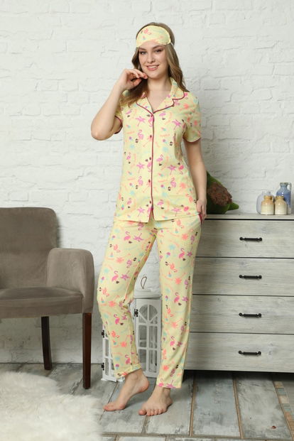 Sarı Flamingo Önden Düğmeli Kısa Kollu Pijama Takımı - 2
