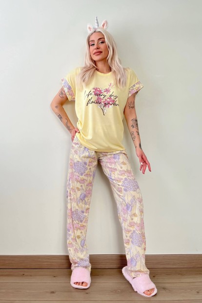 Sarı Flower Garden Baskılı Örme Kısa Kol Kadın Pijama Takımı - 4