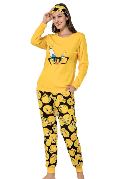 Sarı Göz Desenli Uzun Kollu Manşetli Kadın Pijama Takımı - 1