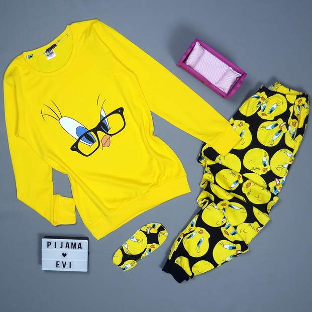 Sarı Göz Desenli Uzun Kollu Manşetli Kadın Pijama Takımı - 2