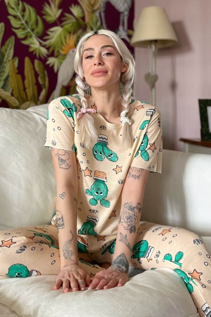 Sarı Happy Cactus Baskılı Kısa Kollu Kadın Pijama Takımı - 1