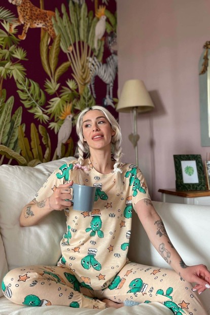 Sarı Happy Cactus Baskılı Kısa Kollu Kadın Pijama Takımı - 2