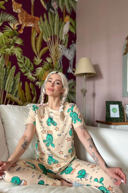 Sarı Happy Cactus Baskılı Kısa Kollu Kadın Pijama Takımı - 3