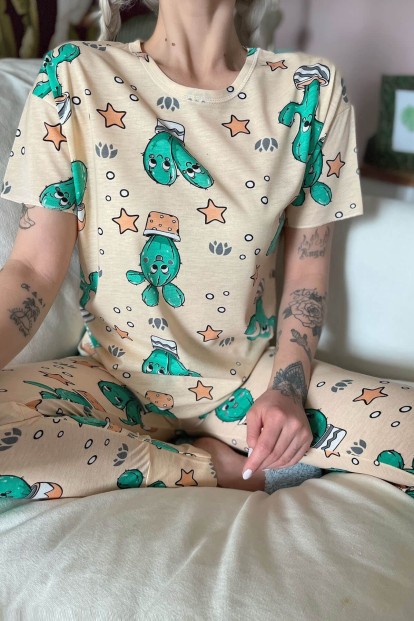 Sarı Happy Cactus Baskılı Kısa Kollu Kadın Pijama Takımı - 4