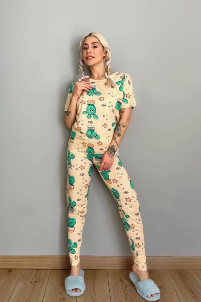 Sarı Happy Cactus Baskılı Kısa Kollu Kadın Pijama Takımı - 5