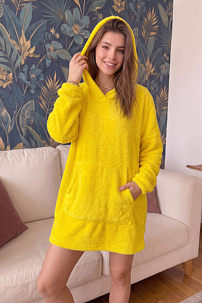 Sarı Kapşonlu Tam Peluş Oversize Sweat Panço Pijama - 3