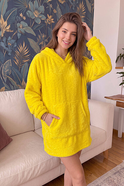 Sarı Kapşonlu Tam Peluş Oversize Sweat Panço Pijama - 4
