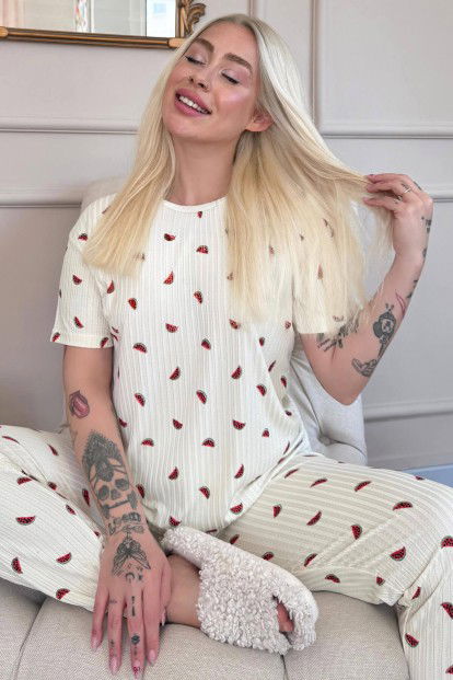 Sarı Karpuz Desenli Kısa Kol Örme Zincir Kadın Pijama Takımı - 1