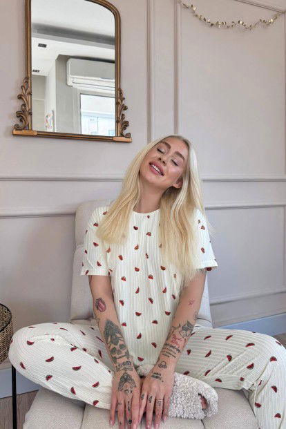 Sarı Karpuz Desenli Kısa Kol Örme Zincir Kadın Pijama Takımı - 3