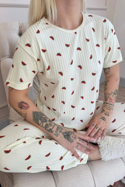 Sarı Karpuz Desenli Kısa Kol Örme Zincir Kadın Pijama Takımı - 5
