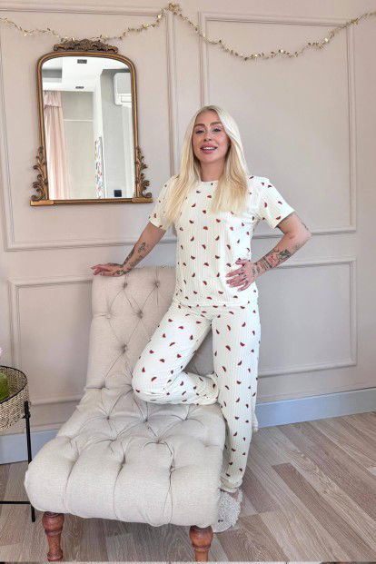 Sarı Karpuz Desenli Kısa Kol Örme Zincir Kadın Pijama Takımı - 6