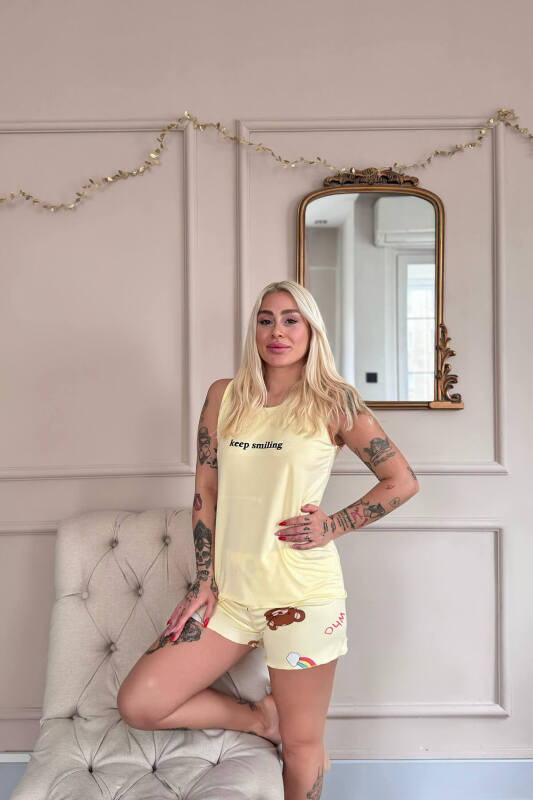 Sarı Keep Smiling Desenli Bambu Sıfır Kol Şortlu Kadın Pijama Takımı - Pijamaevi (2)