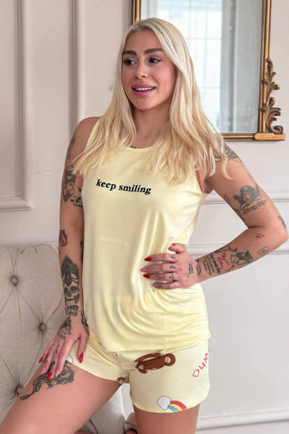 Sarı Keep Smiling Desenli Bambu Sıfır Kol Şortlu Kadın Pijama Takımı - 6
