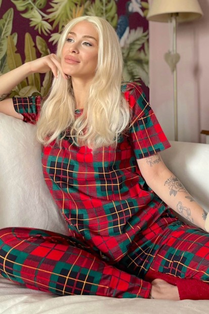 Sarı Kırmızı Plaid Baskılı Kısa Kollu Kadın Pijama Takımı - 1