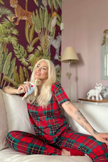 Sarı Kırmızı Plaid Baskılı Kısa Kollu Kadın Pijama Takımı - 2
