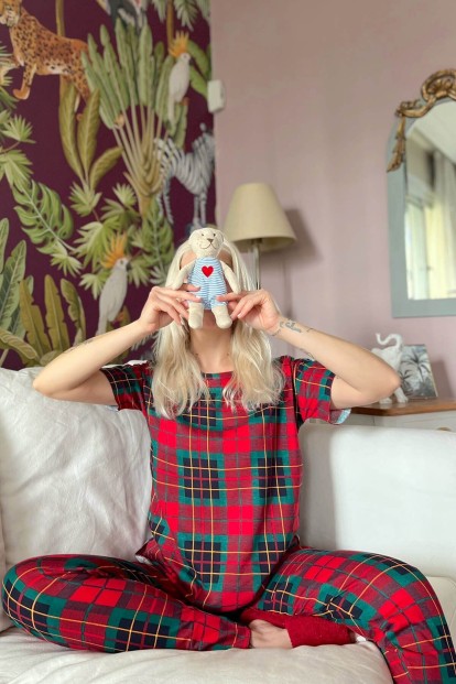 Sarı Kırmızı Plaid Baskılı Kısa Kollu Kadın Pijama Takımı - 3