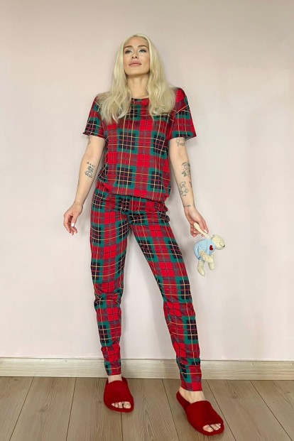Sarı Kırmızı Plaid Baskılı Kısa Kollu Kadın Pijama Takımı - 5