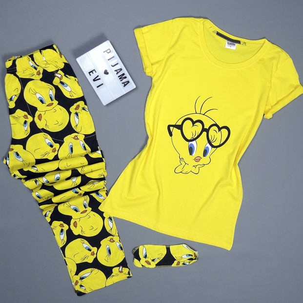 Sarı Kuş Desenli Kısa Kollu Kadın Pijama Takımı - 1