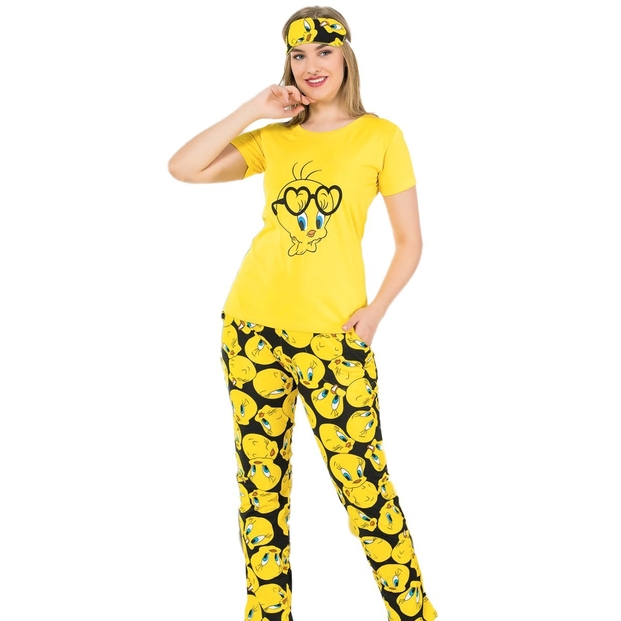 Sarı Kuş Desenli Kısa Kollu Kadın Pijama Takımı - 2