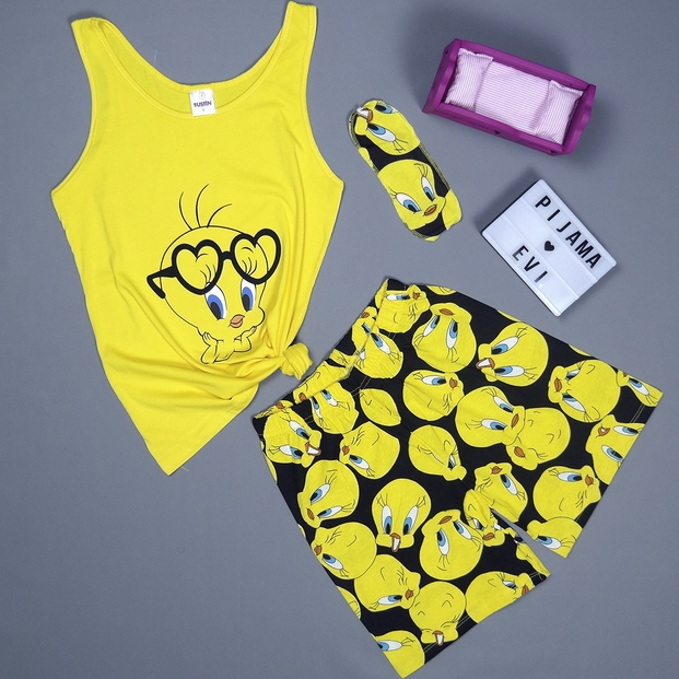 Sarı Kuş Desenli Şortlu Bayan Pijama Takımı - 1