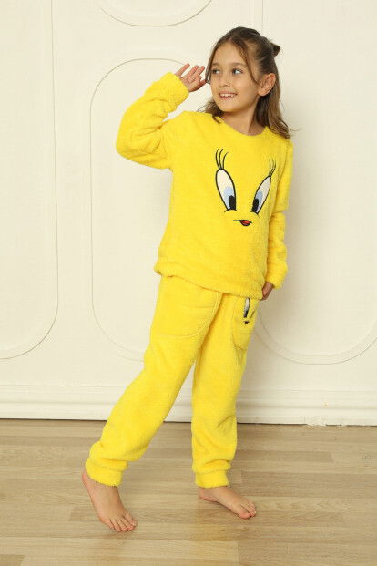 Sarı Kuş Desenli Tam Peluş Kız Çocuk Pijama Takımı - 4