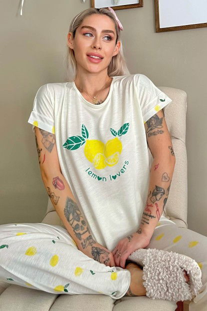 Sarı Lemon Baskılı Örme Kısa Kollu Kadın Pijama Takımı - 1