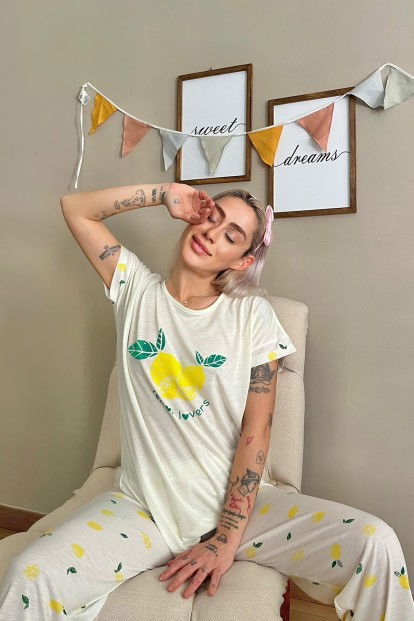 Sarı Lemon Baskılı Örme Kısa Kollu Kadın Pijama Takımı - 2