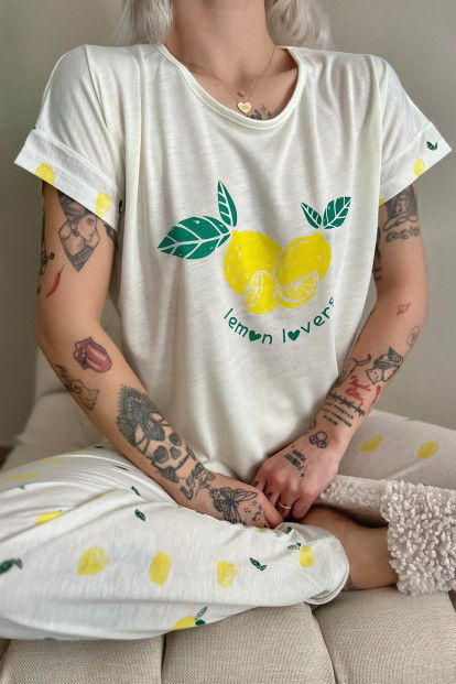 Sarı Lemon Baskılı Örme Kısa Kollu Kadın Pijama Takımı - 4