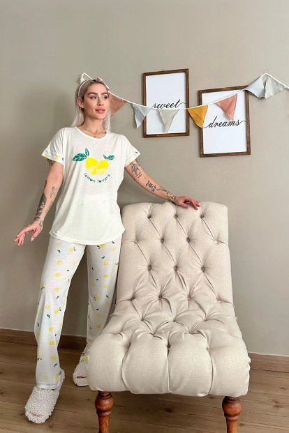 Sarı Lemon Baskılı Örme Kısa Kollu Kadın Pijama Takımı - 5