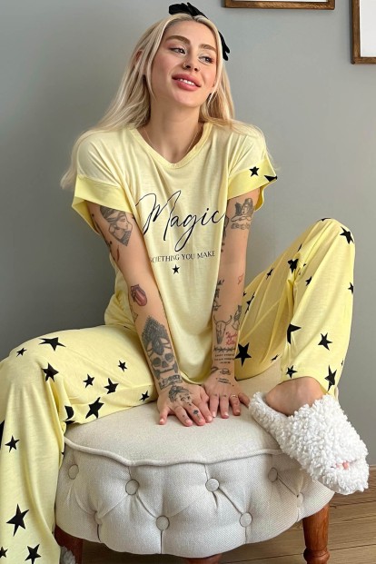 Sarı Magic Baskılı Örme Kısa Kollu Kadın Pijama Takımı - 1