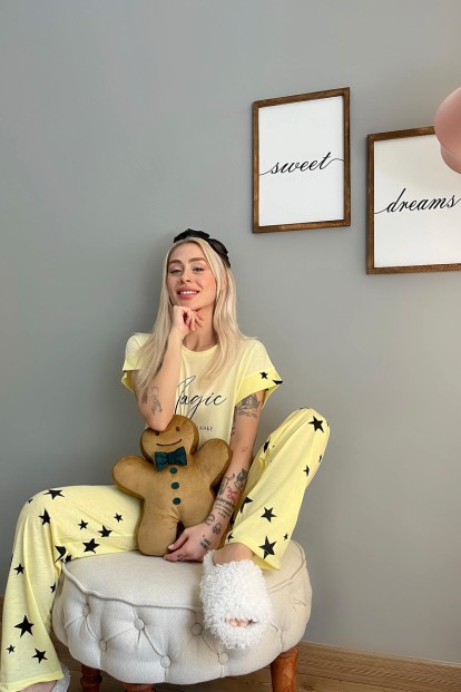 Sarı Magic Baskılı Örme Kısa Kollu Kadın Pijama Takımı - 2
