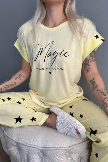 Sarı Magic Baskılı Örme Kısa Kollu Kadın Pijama Takımı - 4