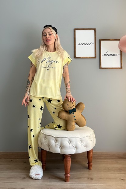 Sarı Magic Baskılı Örme Kısa Kollu Kadın Pijama Takımı - 5