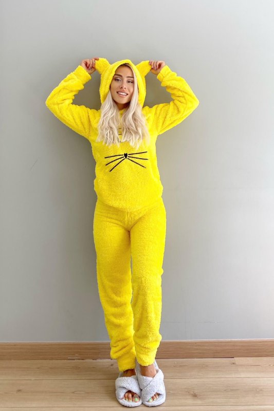Sarı Meow Desenli Tam Peluş Pijama Takımı - Pijamaevi (3)
