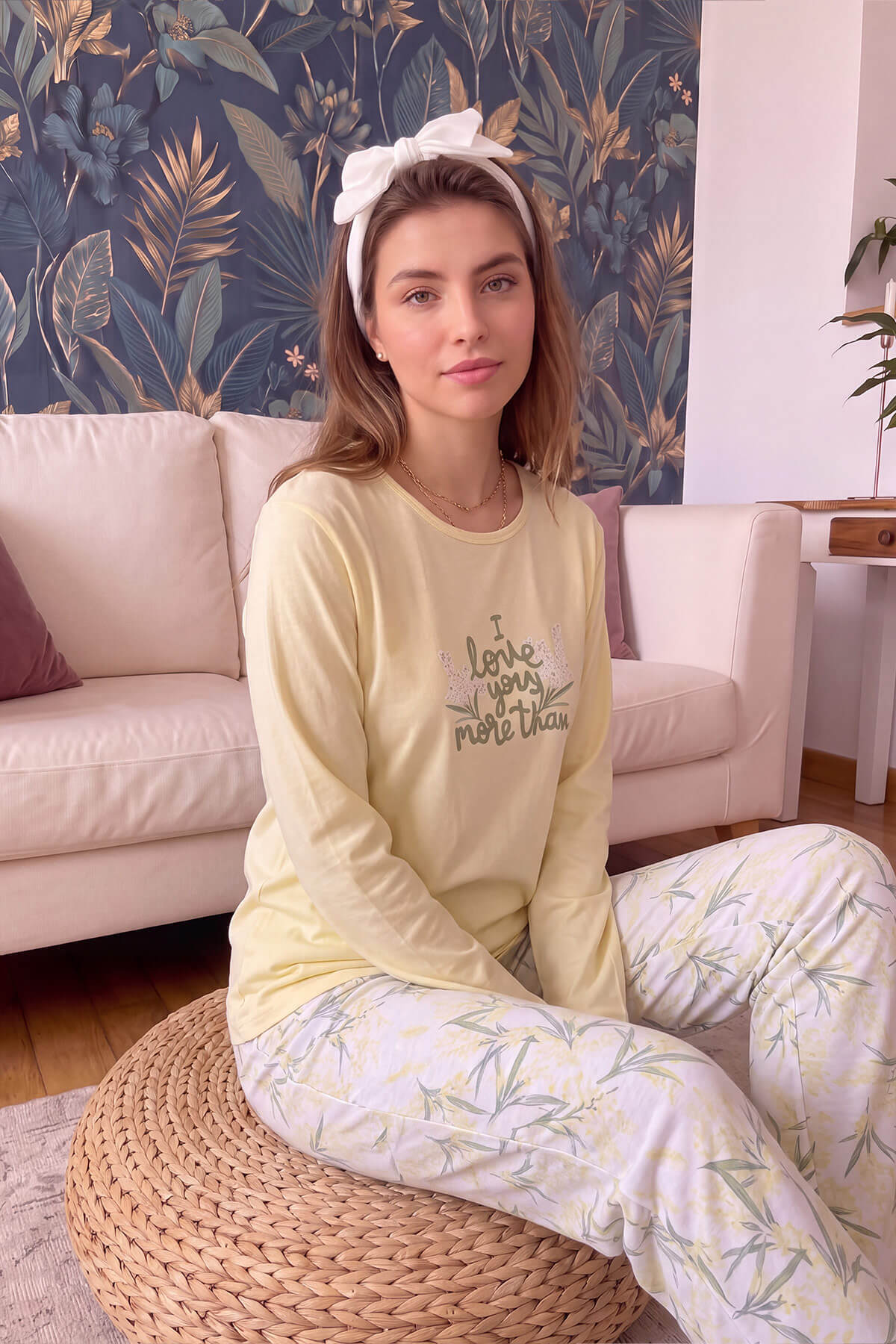 Sarı More Than Desenli Bambu Uzun Kol Kadın Pijama Takımı - Pijamaevi (1)