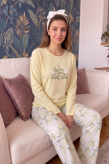 Sarı More Than Desenli Bambu Uzun Kol Kadın Pijama Takımı - 3