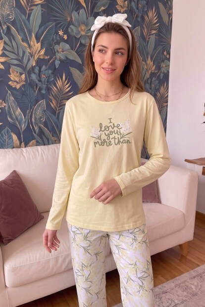 Sarı More Than Desenli Bambu Uzun Kol Kadın Pijama Takımı - 5