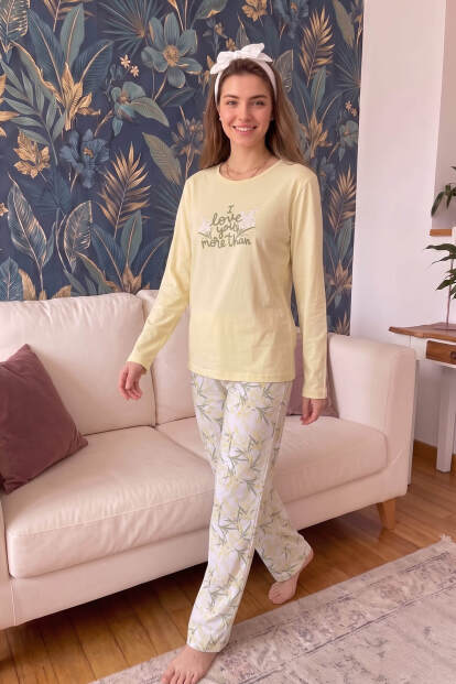 Sarı More Than Desenli Bambu Uzun Kol Kadın Pijama Takımı - 6