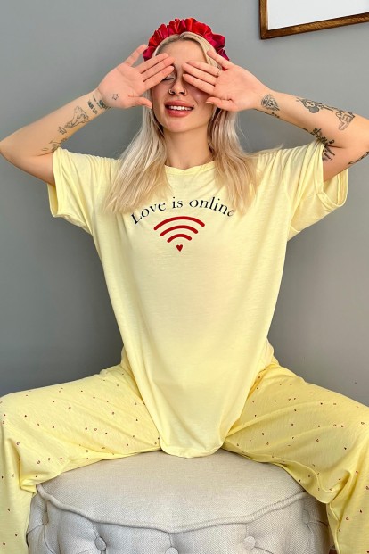 Sarı Online Baskılı Örme Kısa Kollu Kadın Pijama Takımı - 1