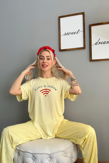 Sarı Online Baskılı Örme Kısa Kollu Kadın Pijama Takımı - 2