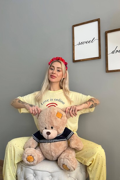 Sarı Online Baskılı Örme Kısa Kollu Kadın Pijama Takımı - 3