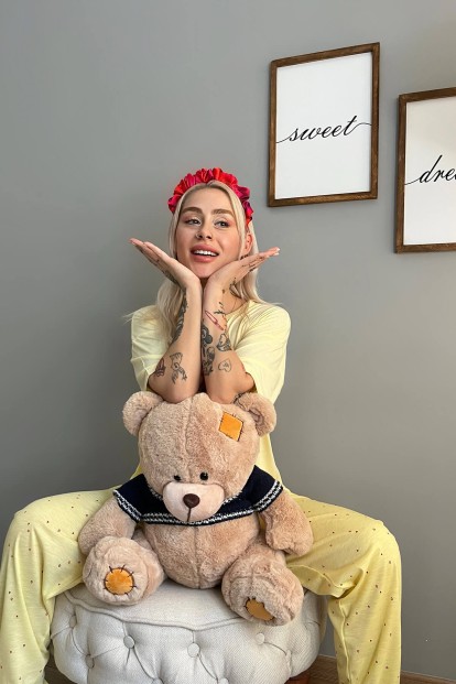 Sarı Online Baskılı Örme Kısa Kollu Kadın Pijama Takımı - 4